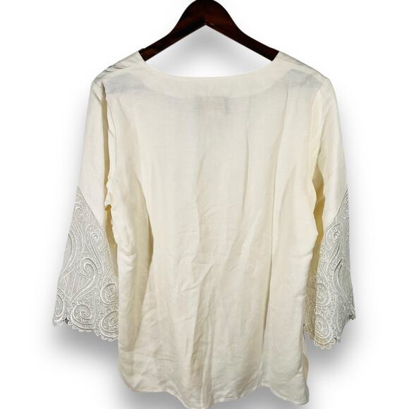 Bob Mackie Ivory Linen Tunic Lace Sleeve Boho Romantic Resort Coastal Medium - Picture 3 of 9